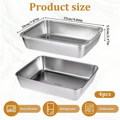 5Pcs Stainless Steel Storage Containers, Kitchen Trays, Serving Platters, And Lidded Storage Containers; Reusable Food Storage Containers Suitable For Travel And The Office; Dishwasher And Freezer