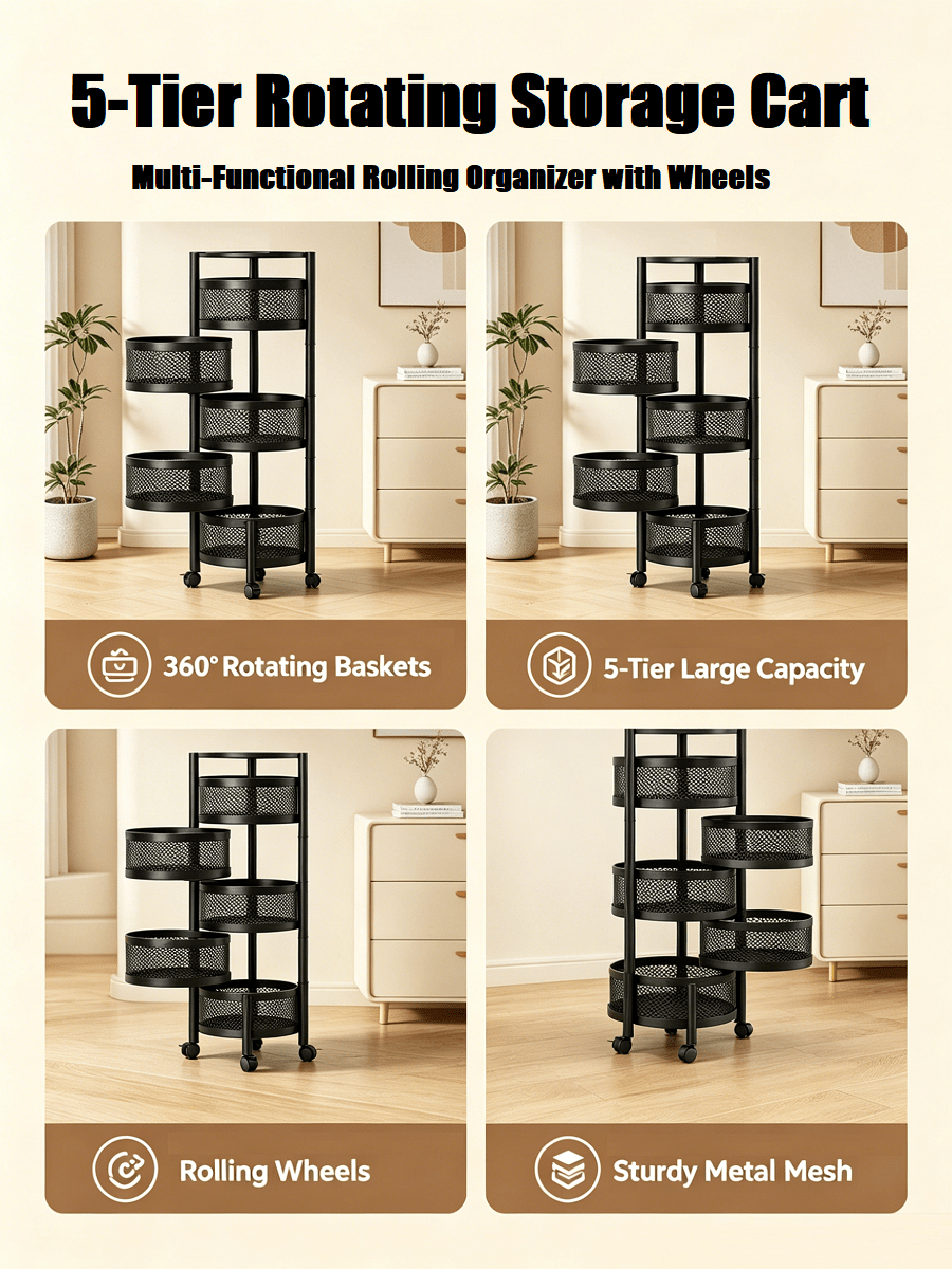 5-Tier Rotating Rolling Storage Cart – Metal Mesh Organizer | MIRA