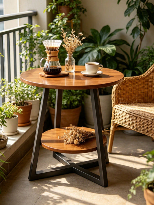 Double-Layer Compact Wooden Patio Coffee Table, Outdoor Garden Balcony Side Table, Minimalist Style Outdoor Leisure Table, Space-Saving Small Size Coffee Table, Suitable For Outdoor Decorative Furniture, Convenient For Home And Outdoor Use, Compact And Do