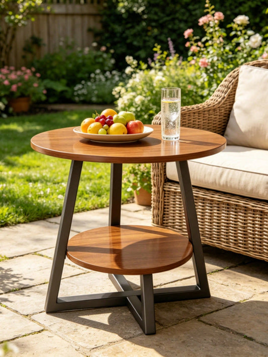 Double-Layer Compact Wooden Patio Coffee Table, Outdoor Garden Balcony Side Table, Minimalist Style Outdoor Leisure Table, Space-Saving Small Size Coffee Table, Suitable For Outdoor Decorative Furniture, Convenient For Home And Outdoor Use, Compact And Do