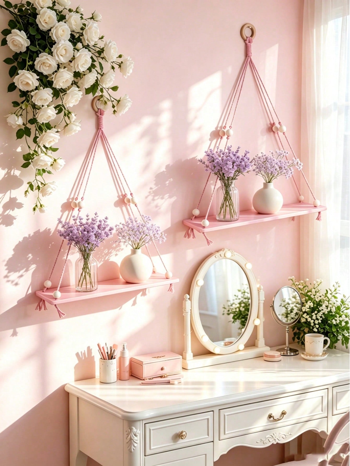 Boho Wooden Bead Woven Hanging Shelf | Wall Planter Rack | MIRA