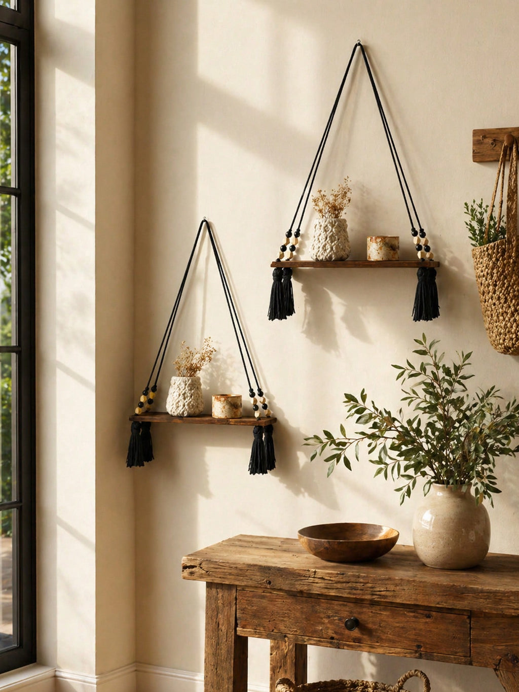 Boho Wooden Bead Woven Hanging Shelf | Wall Planter Rack | MIRA