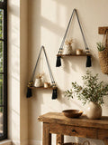 Boho Wooden Bead Woven Hanging Shelf | Wall Planter Rack | MIRA
