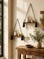 Boho Wooden Bead Woven Hanging Shelf | Wall Planter Rack | MIRA