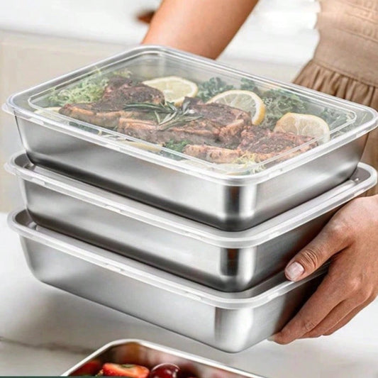 5Pcs Stainless Steel Storage Containers, Kitchen Trays, Serving Platters, And Lidded Storage Containers; Reusable Food Storage Containers Suitable For Travel And The Office; Dishwasher And Freezer