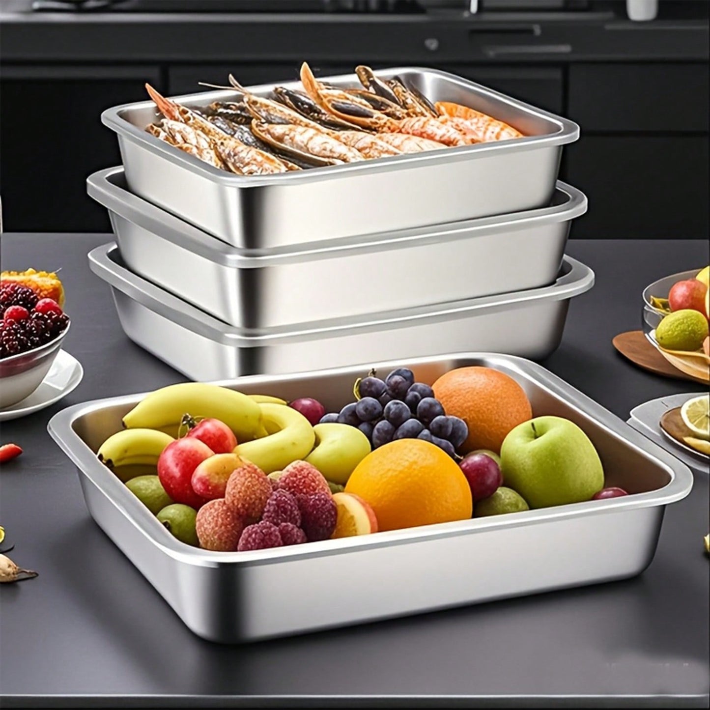 5Pcs Stainless Steel Storage Containers, Kitchen Trays, Serving Platters, And Lidded Storage Containers; Reusable Food Storage Containers Suitable For Travel And The Office; Dishwasher And Freezer