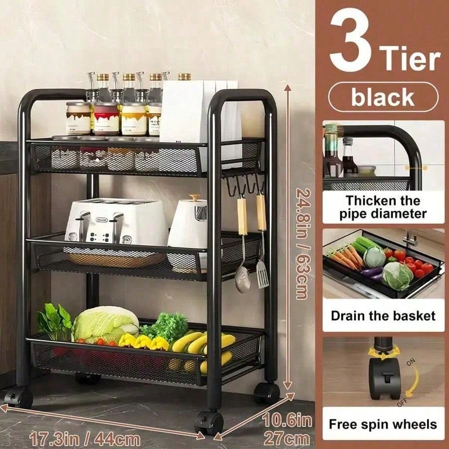 Mesh Wire Rolling Cart 3-5 Tier – Metal Basket Organizer with Hooks | MIRA