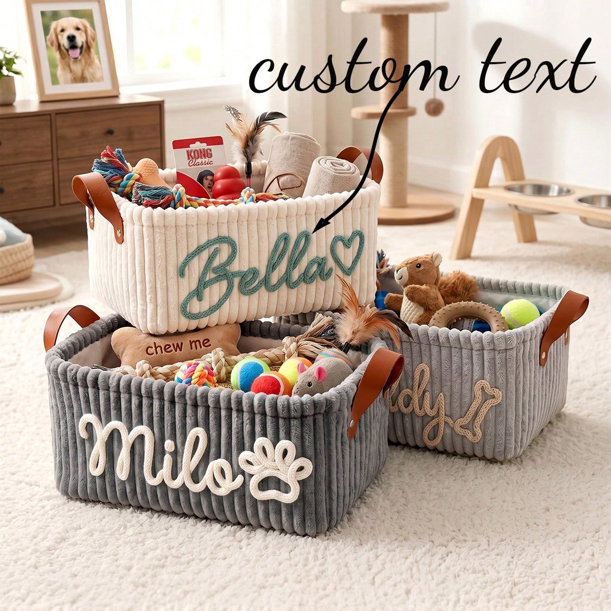 Personalized Dog Toy Basket - Corduroy Pet Storage Basket With Name, Gift For New Dog Owners