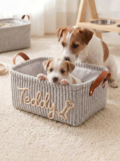 Personalized Dog Toy Basket - Corduroy Pet Storage Basket With Name, Gift For New Dog Owners