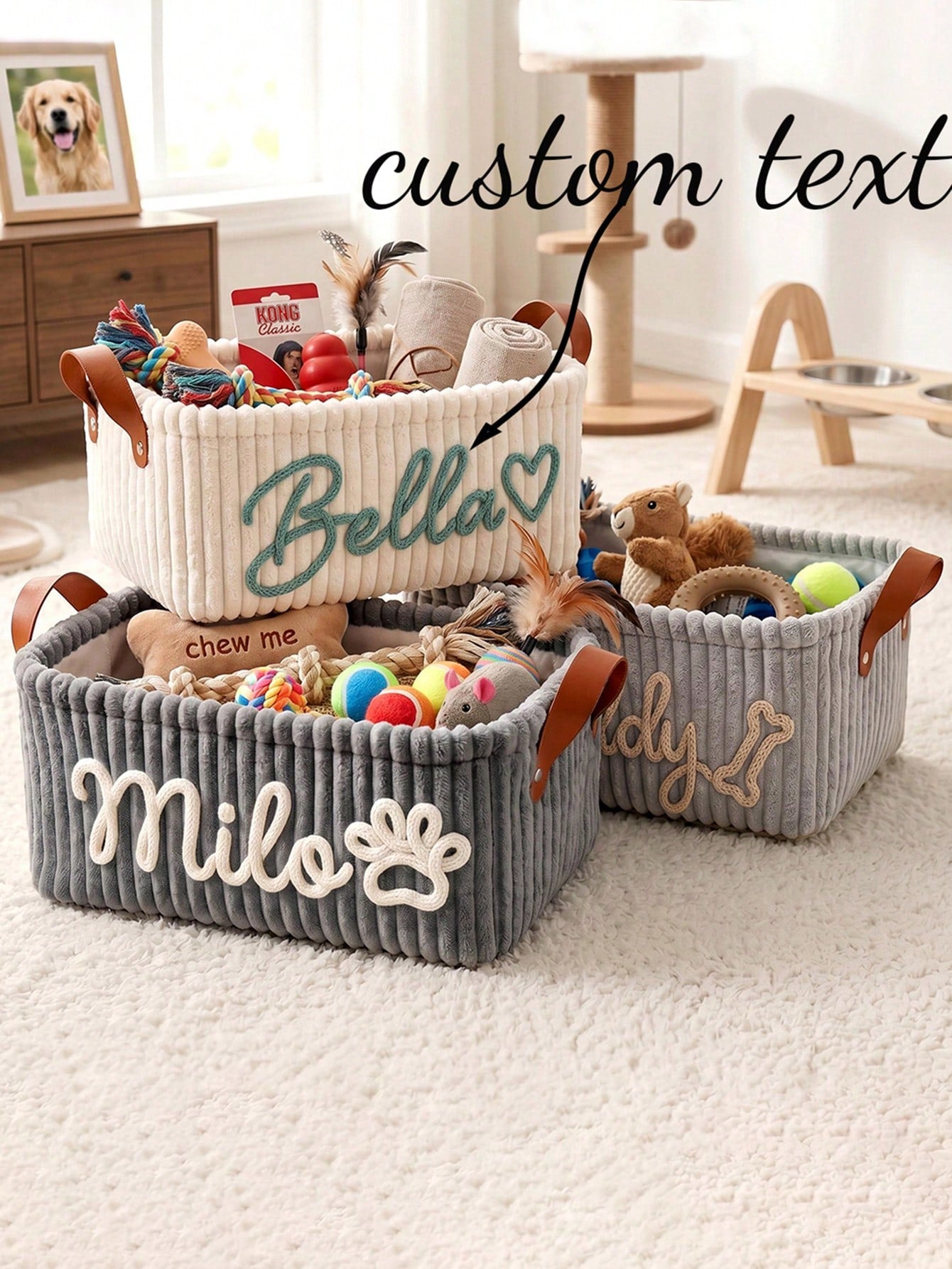 Personalized Dog Toy Basket - Corduroy Pet Storage Basket With Name, Gift For New Dog Owners