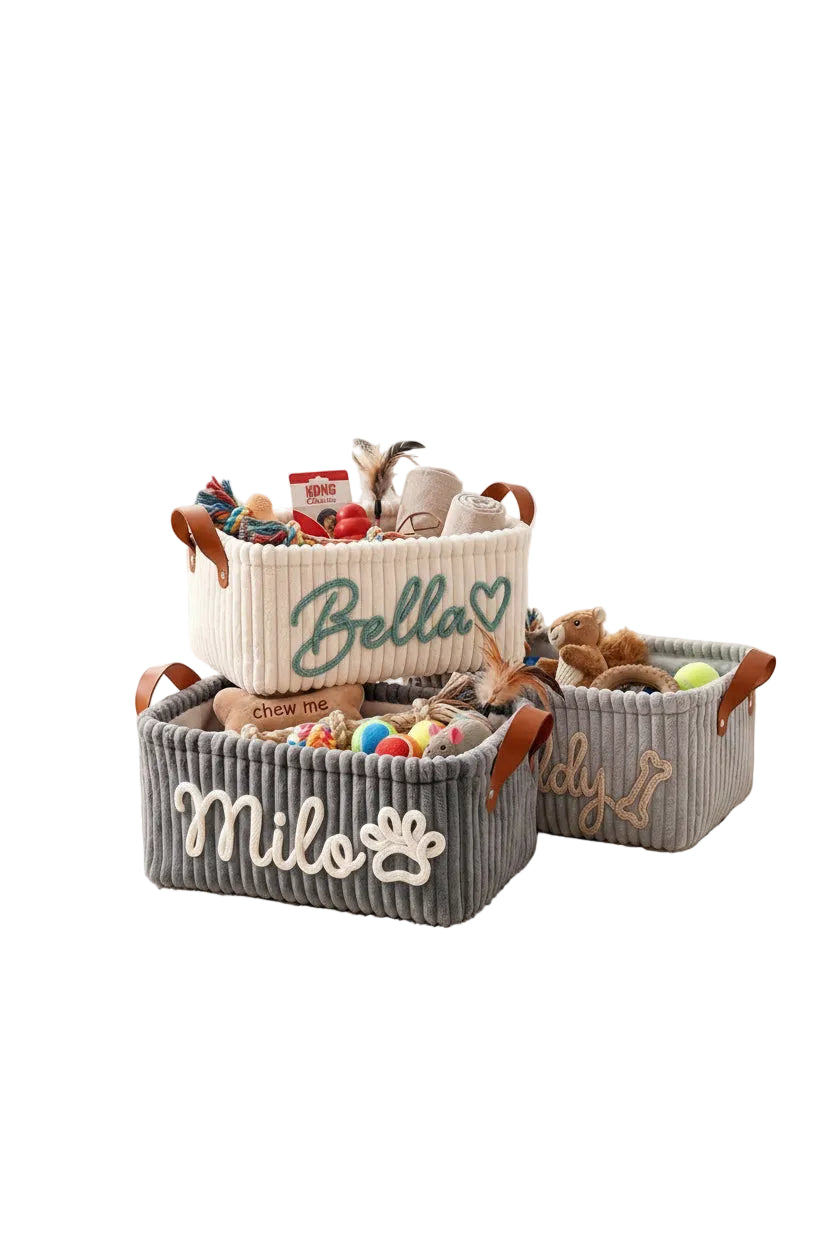 Personalized Dog Toy Basket | Custom Name Corduroy Pet Storage Basket – Gift for Dog Owners