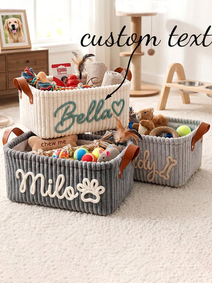 Personalized Dog Toy Basket - Corduroy Pet Storage Basket With Name, Gift For New Dog Owners