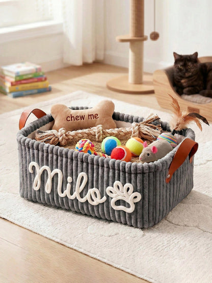 Personalized Dog Toy Basket - Corduroy Pet Storage Basket With Name, Gift For New Dog Owners