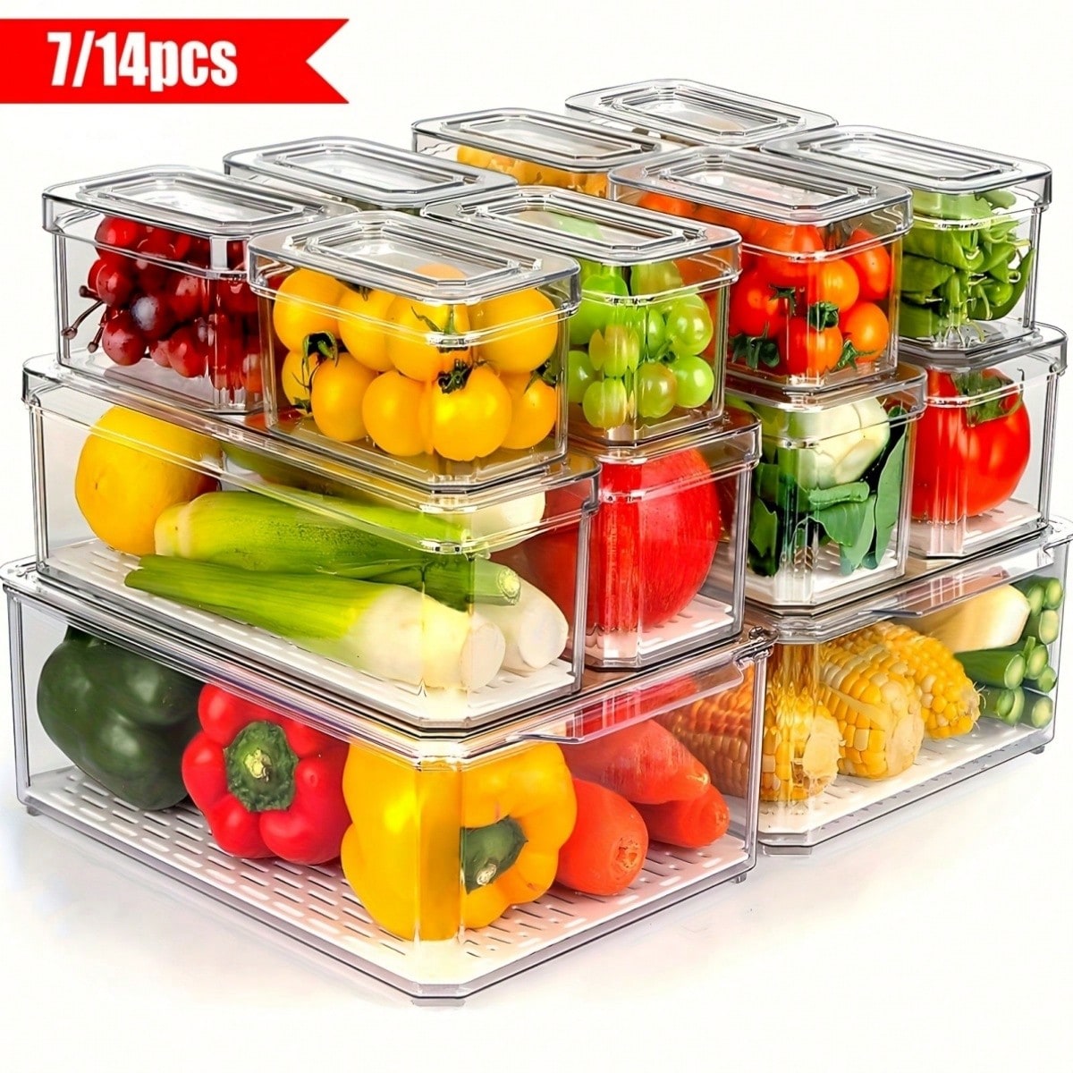7/14 Pack Fridge Organizers,Stackable Refrigerator Organizer Bins With Lids,Fridge Fruit Storage Containers,Space-Saving Organizers Suitable For Kitchen,Cabinets And Fridge,For Snacks, Fruits, Vegetable, Cereals,Perfect Gift For Graduation,Party,Birthday,