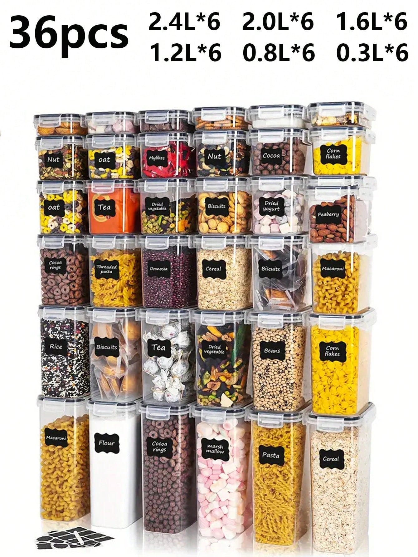 VOOVA 48pcs Sealed Food Storage Containers With LIDS - Lunch Boxes Ideal For Organizing And Storing Grains, Rice, Pasta, Tea, Nuts And Coffee Beans In A Kitchen Pantry - Can Be Used For Dishwasher Washing, Including Labels And Markers