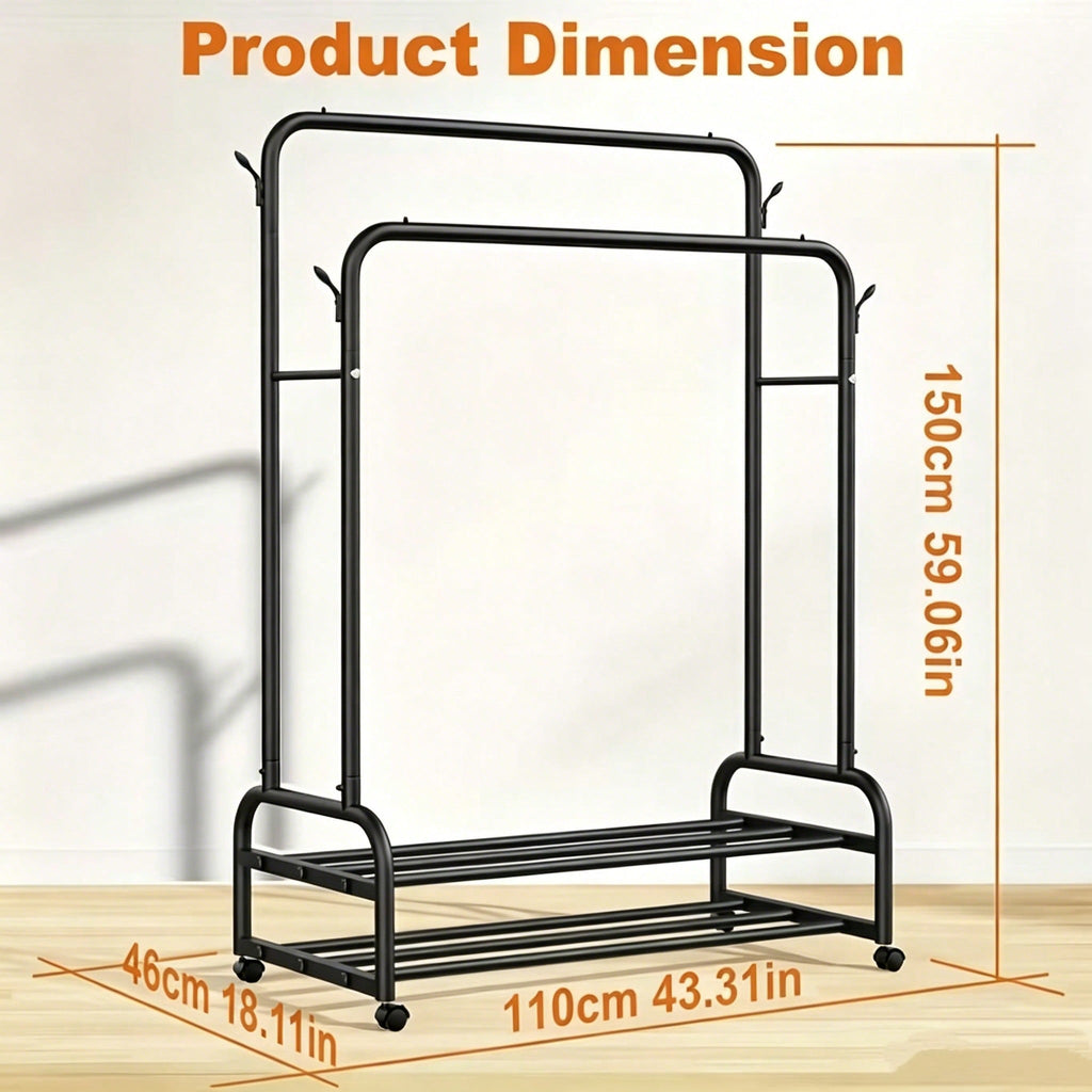 Freestanding Double Rail Metal Clothes Rack with Shelves & Hooks | MIRA