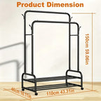Freestanding Double Rail Metal Clothes Rack with Shelves & Hooks | MIRA