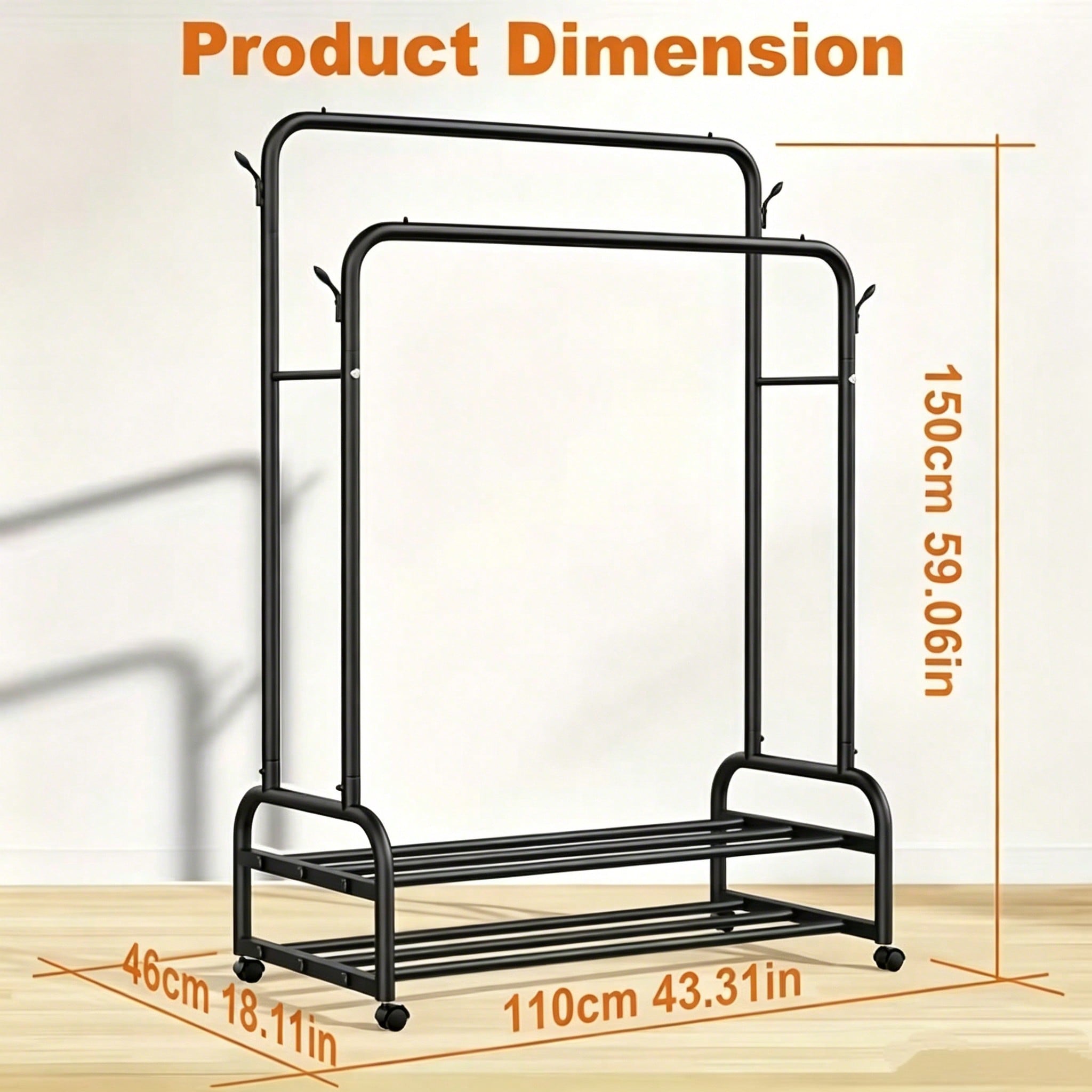 Freestanding Double Rail Metal Clothes Rack with Shelves & Hooks | MIRA