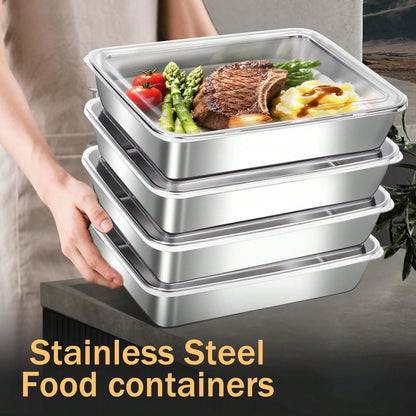 5Pcs Stainless Steel Storage Containers, Kitchen Trays, Serving Platters, And Lidded Storage Containers; Reusable Food Storage Containers Suitable For Travel And The Office; Dishwasher And Freezer