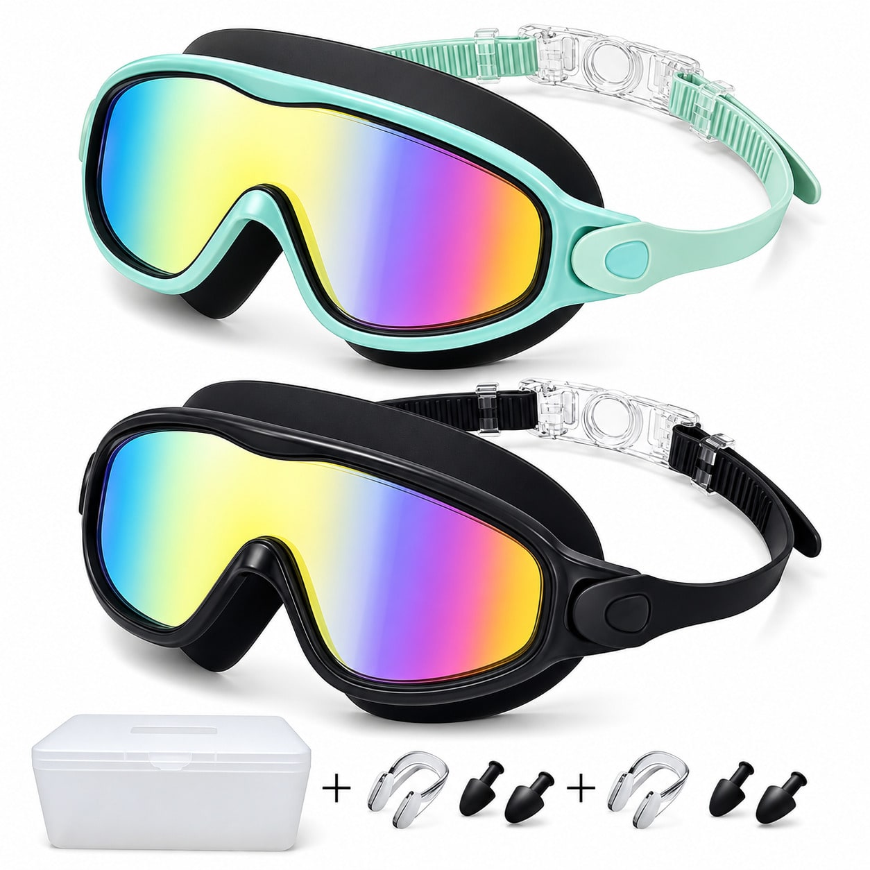 Adult Swim Goggles | Wide View, Anti-Fog & UV Protection with Earplugs & Nose Clip