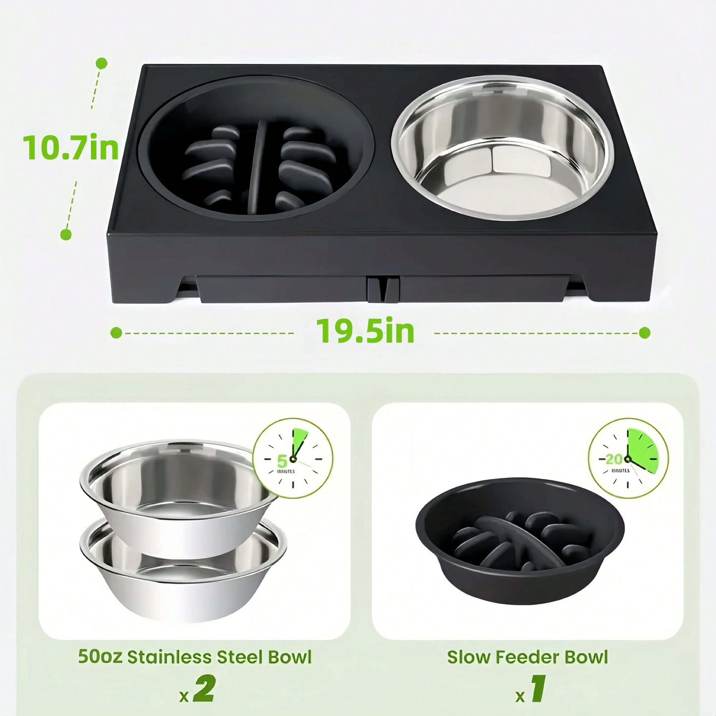 Adjustable Height Pet Elevated Dog Bowl With 5 Adjustable Height Settings. Comes With 2 Stainless Steel Dog Water Bowls And 1 Slow-Feed Dog Bowl. Adjustable Elevated Dog Bowl Stand. Suitable For Small, Medium And Large Dogs.