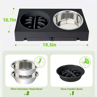 Adjustable Height Pet Elevated Dog Bowl With 5 Adjustable Height Settings. Comes With 2 Stainless Steel Dog Water Bowls And 1 Slow-Feed Dog Bowl. Adjustable Elevated Dog Bowl Stand. Suitable For Small, Medium And Large Dogs.