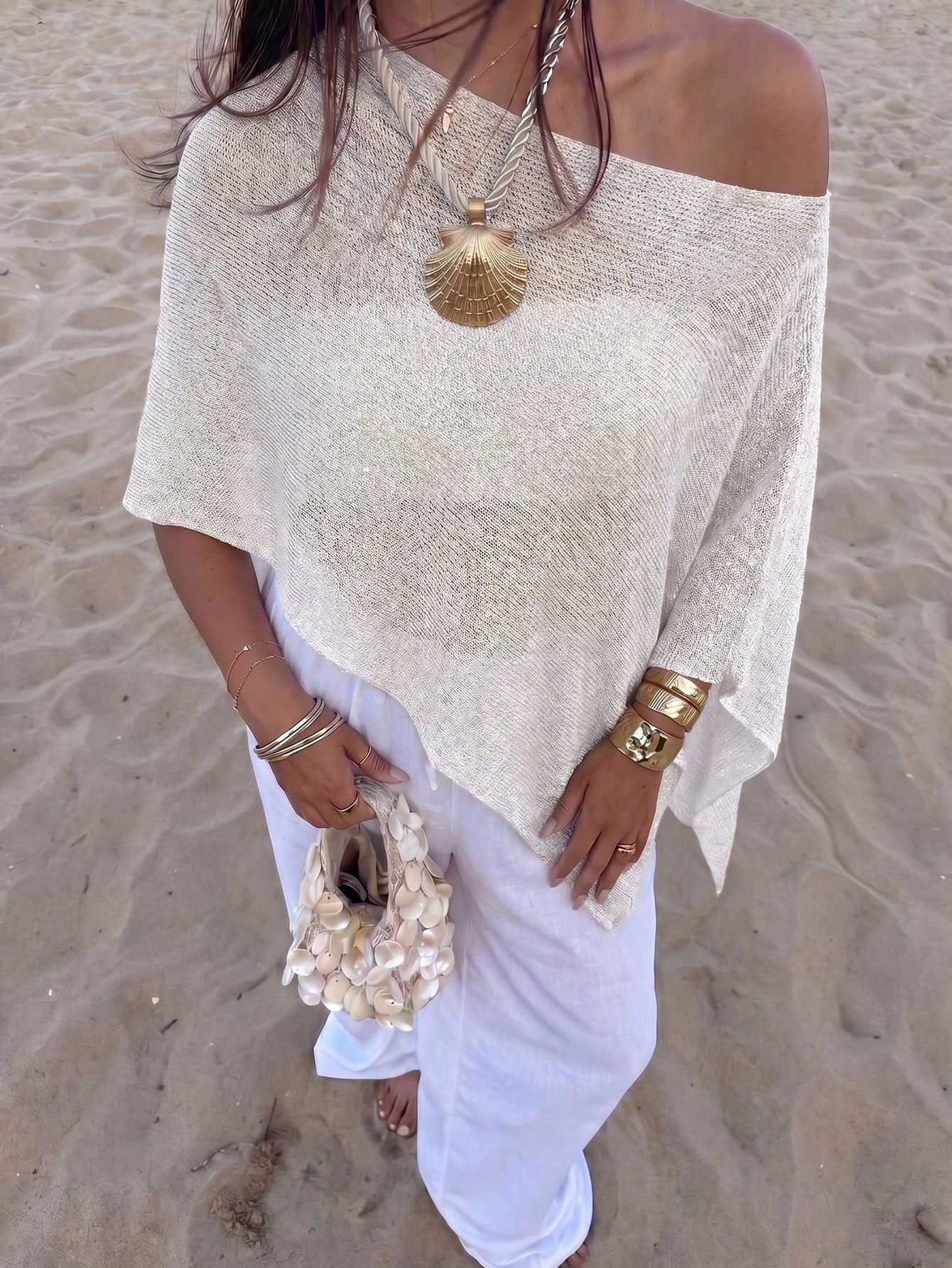 Women's Y2K Shiny Knit Batwing Sleeve Sweater – Beach Cover-Up | MIRA
