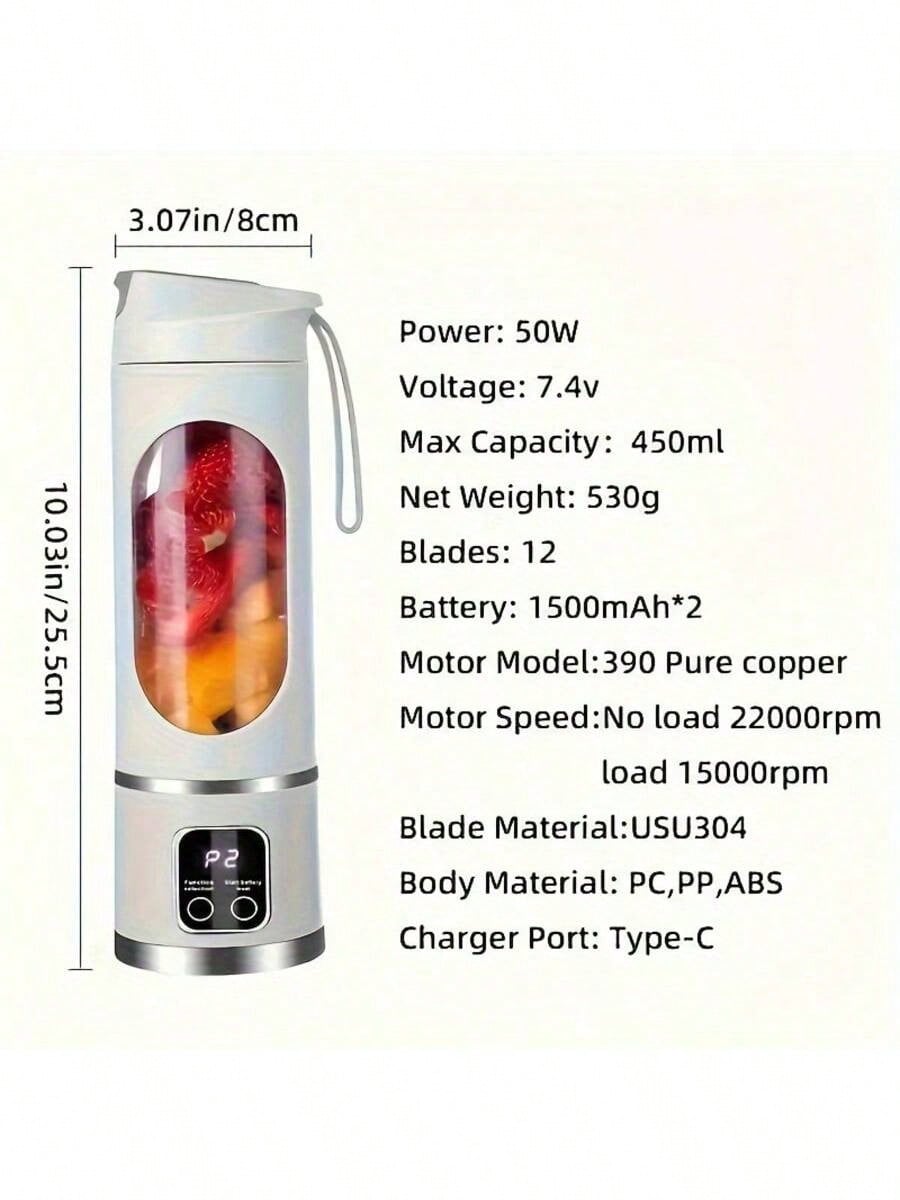 Portable Usb Rechargeable Mini Blender & Juicer - 3 Modes, Digital Display, 12-Blade, 15.22oz, Easy Clean, Ideal For Travel - Fresh Juices Anywhere