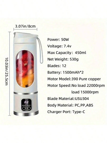 Portable Usb Rechargeable Mini Blender & Juicer - 3 Modes, Digital Display, 12-Blade, 15.22oz, Easy Clean, Ideal For Travel - Fresh Juices Anywhere