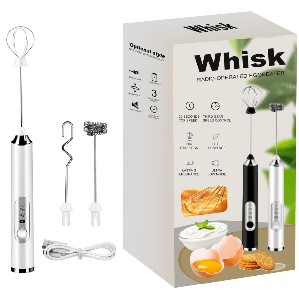 Electric Milk Frother | 3 Whisk Heads, 3-Speed Rechargeable Handheld Mixer