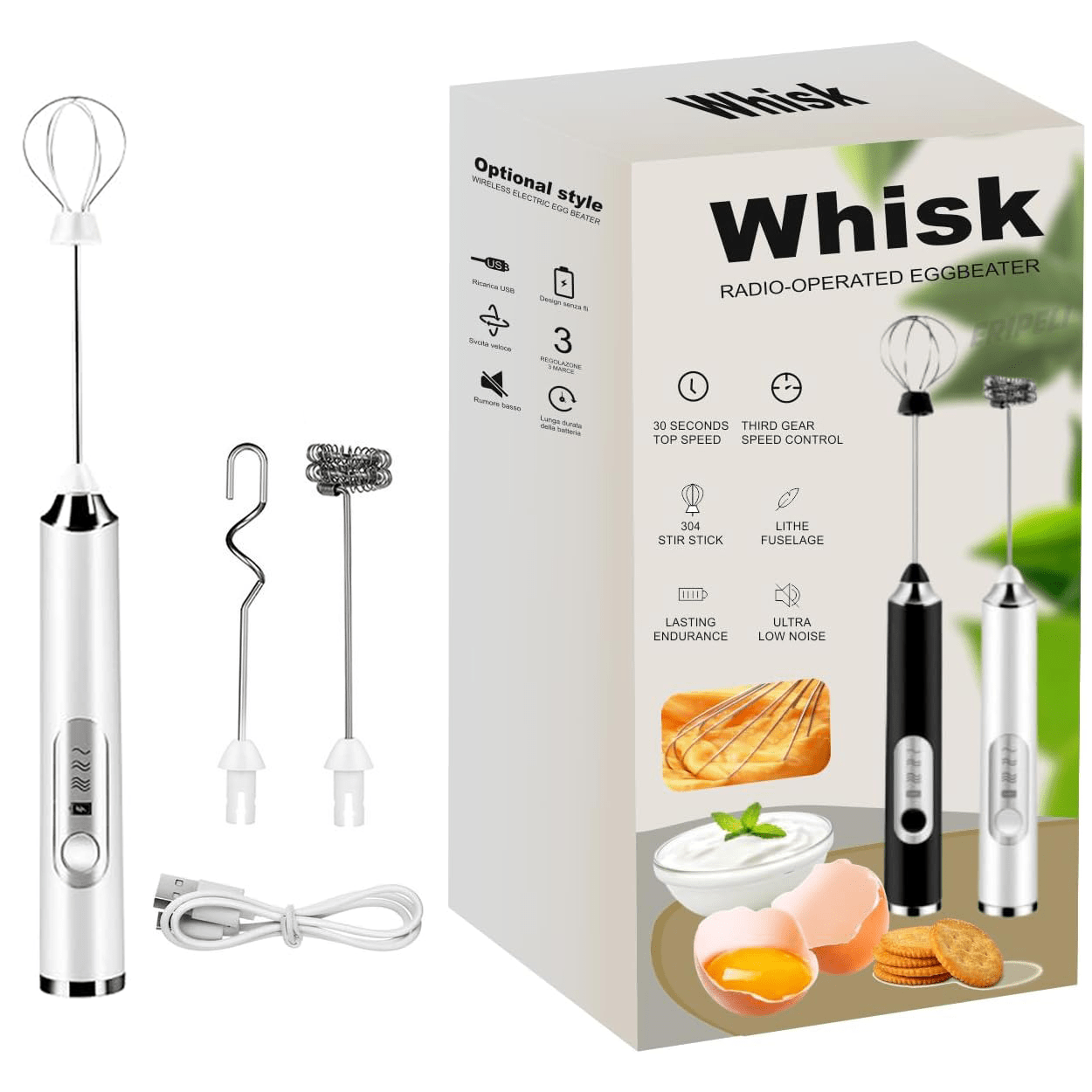 Electric Milk Frother | 3 Whisk Heads, 3-Speed Rechargeable Handheld Mixer