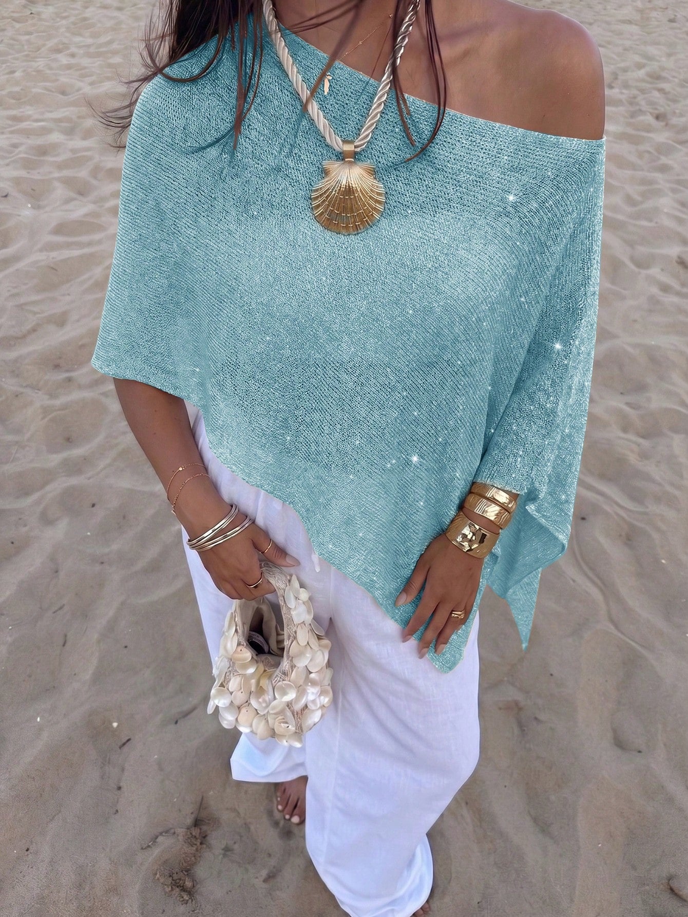 Women's Y2K Shiny Knit Batwing Sleeve Sweater – Beach Cover-Up | MIRA