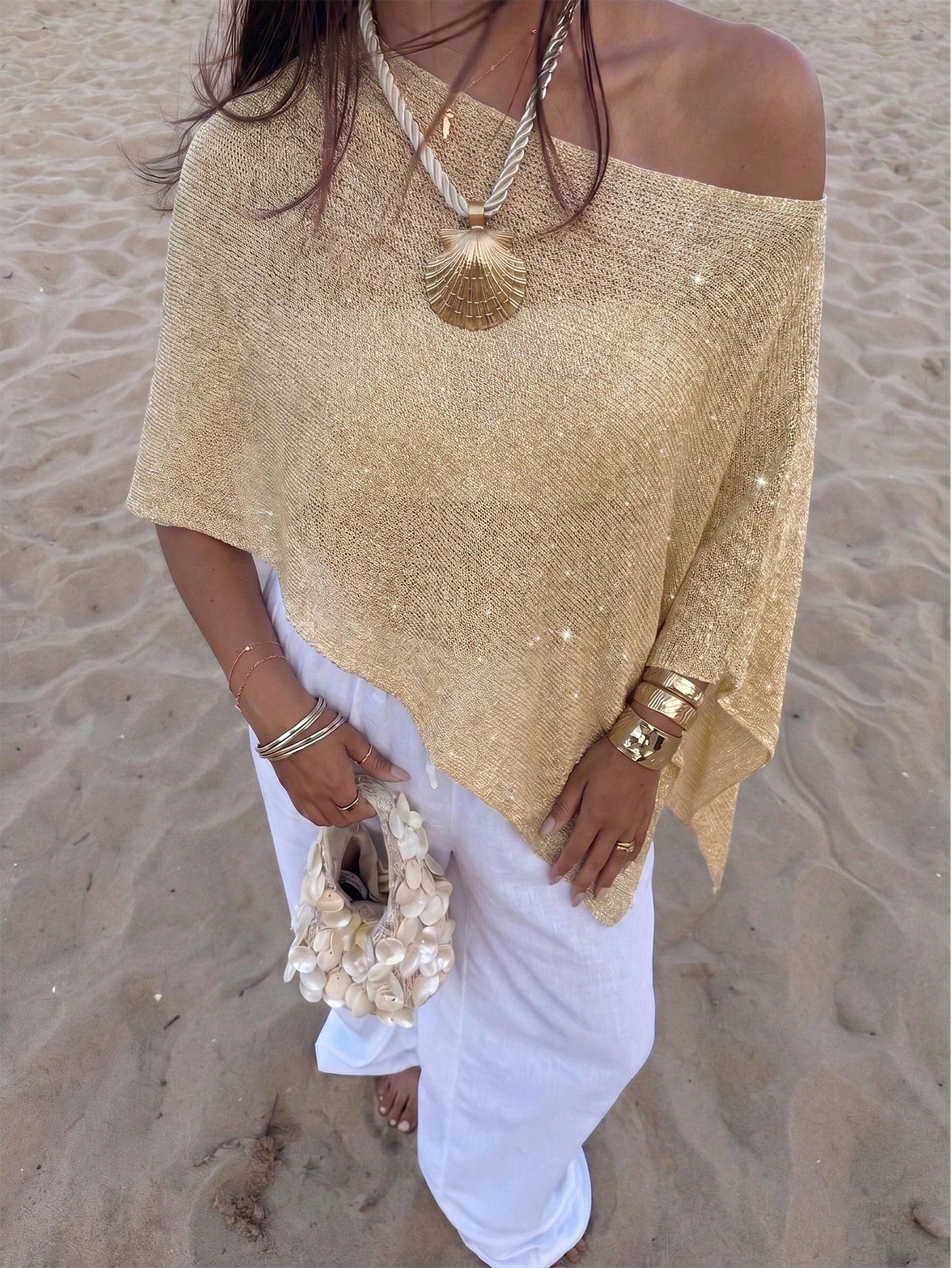 Women's Y2K Shiny Knit Batwing Sleeve Sweater – Beach Cover-Up | MIRA