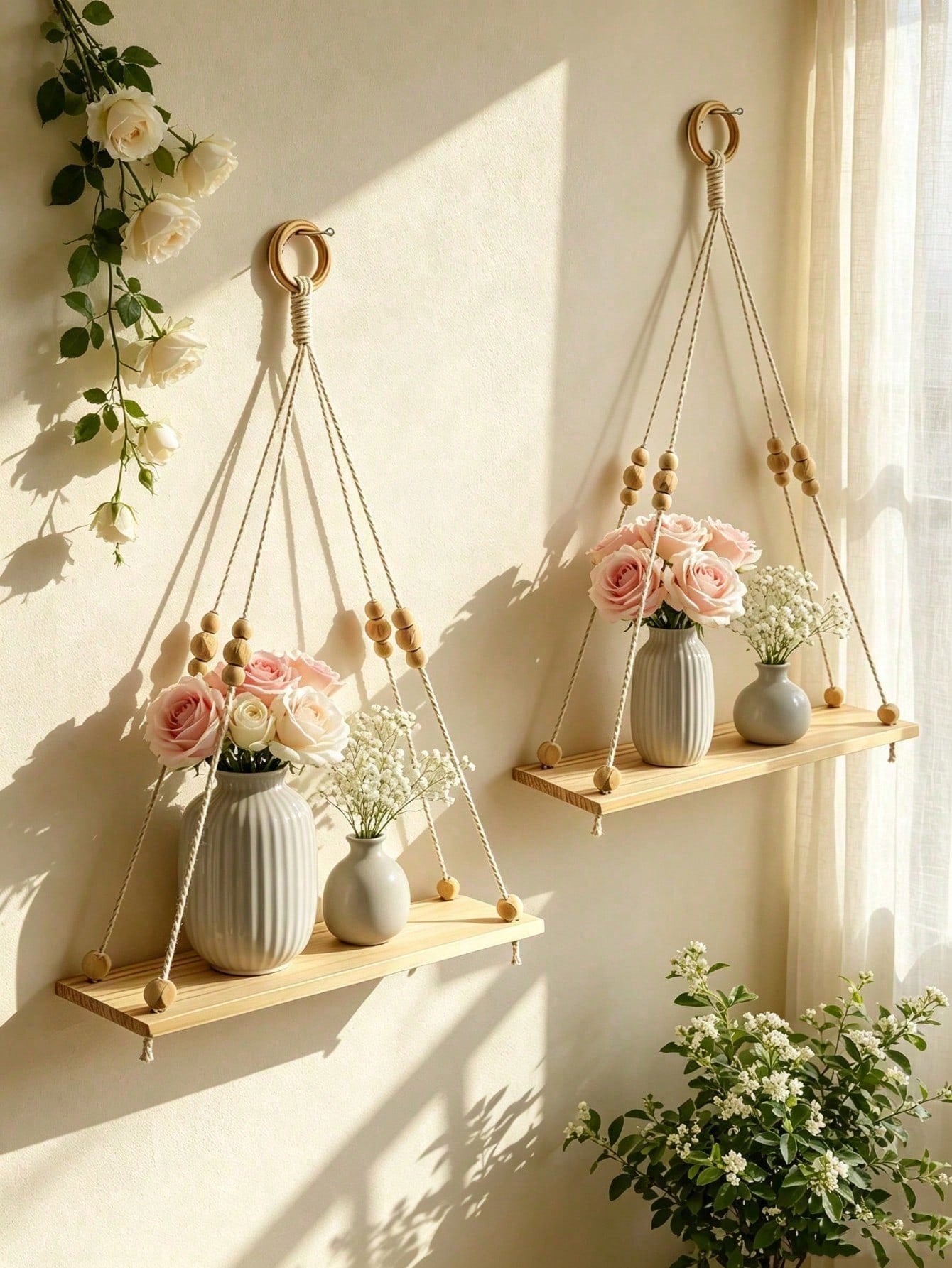 Boho Wooden Bead Woven Hanging Shelf | Wall Planter Rack | MIRA