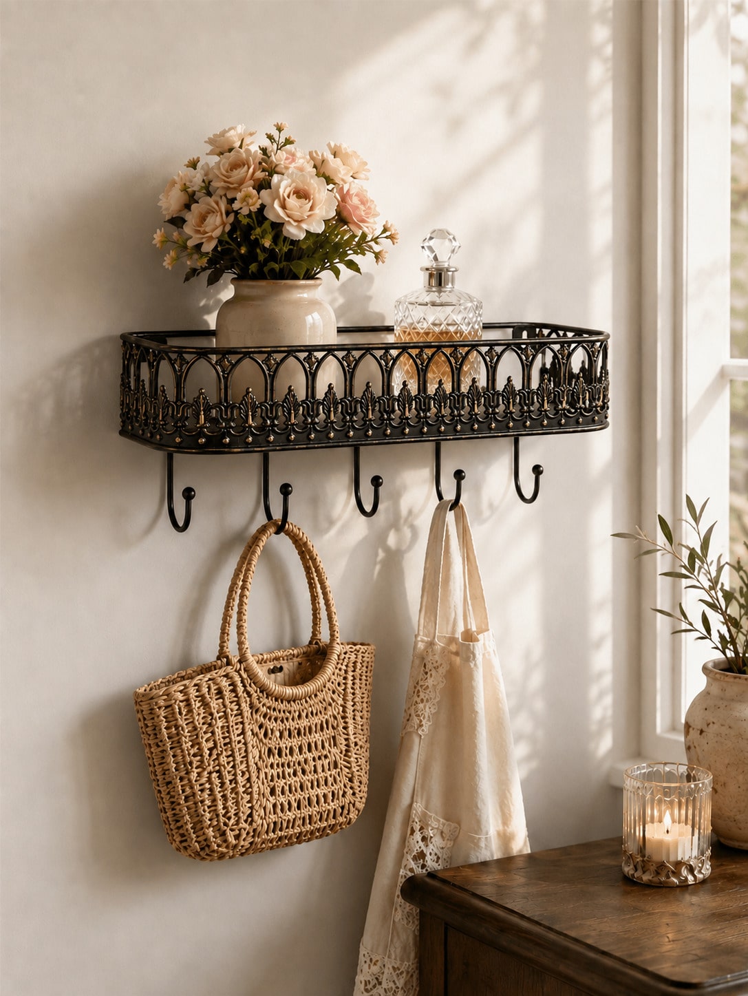 Retro Wall Mounted Shelf with 5 Hooks – Iron Key & Coat Hanger | MIRA