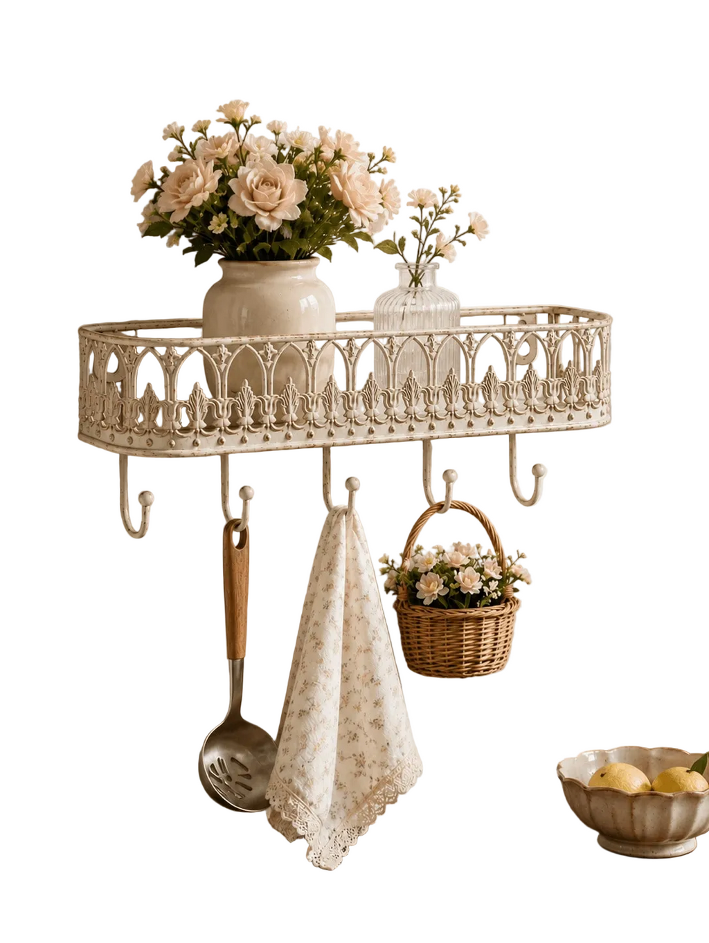 Retro Wall Mounted Shelf with 5 Hooks – Iron Key & Coat Hanger | MIRA