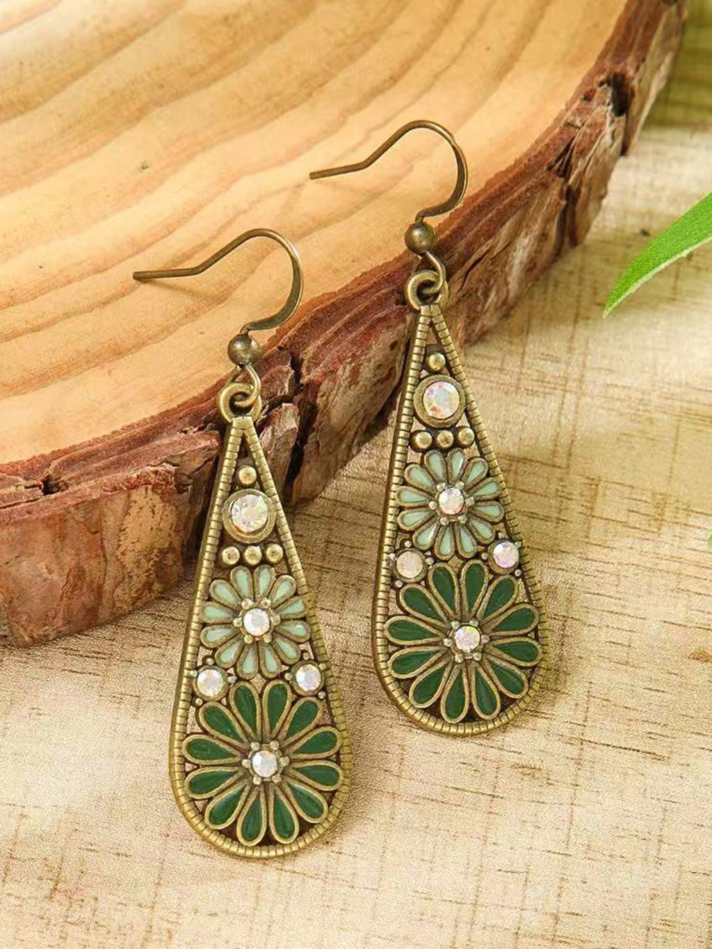 Vintage Bohemian Green Enamel Floral Teardrop Earrings | MIRA