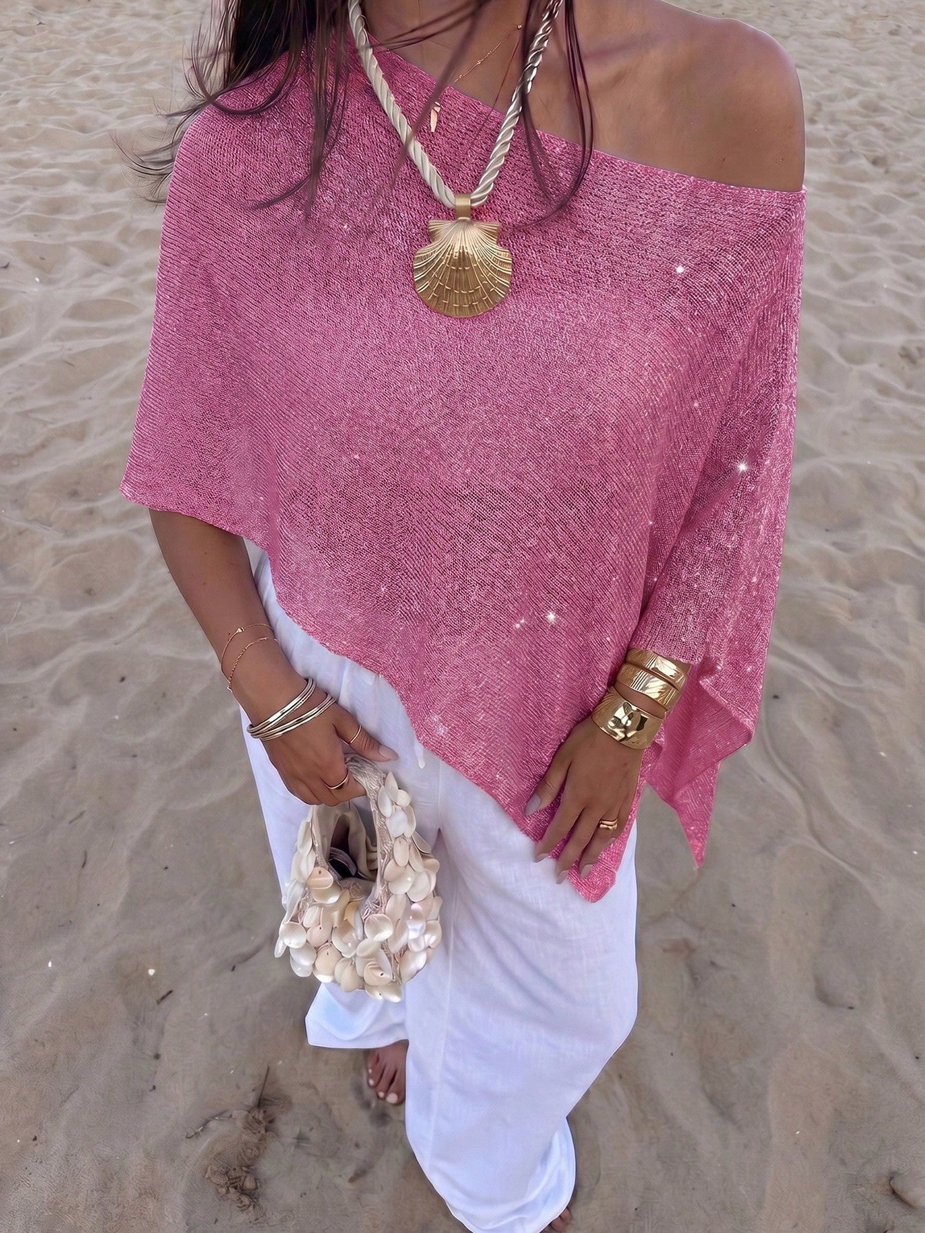 Women's Y2K Shiny Knit Batwing Sleeve Sweater – Beach Cover-Up | MIRA