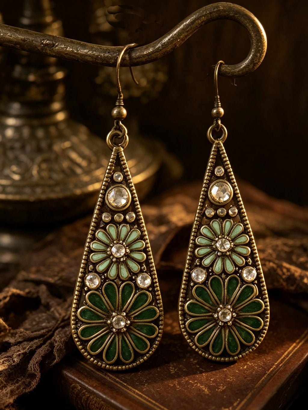 Vintage Bohemian Green Enamel Floral Teardrop Earrings | MIRA