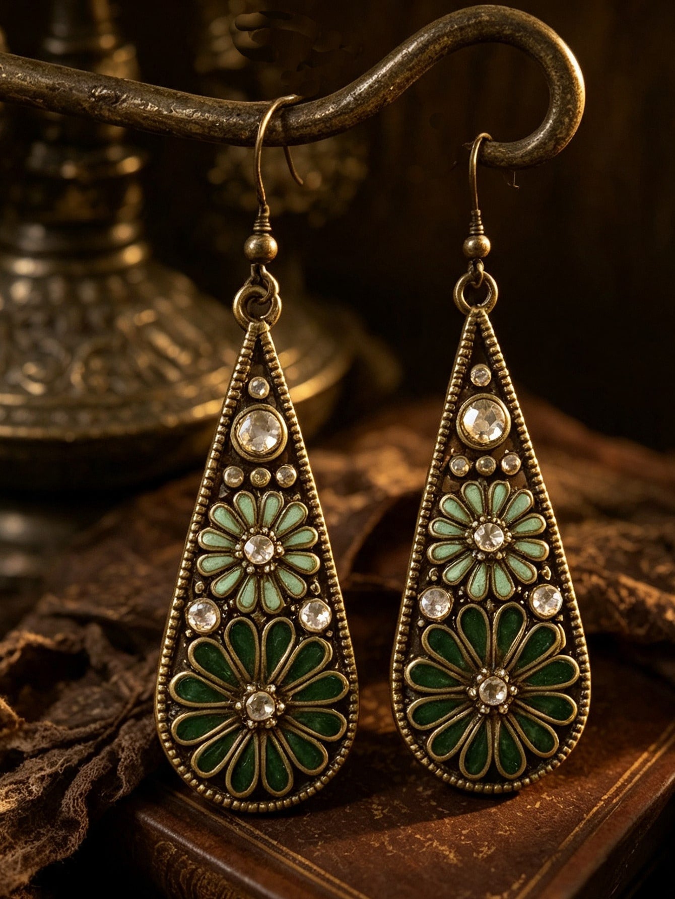 Vintage Bohemian Green Enamel Floral Teardrop Earrings | MIRA