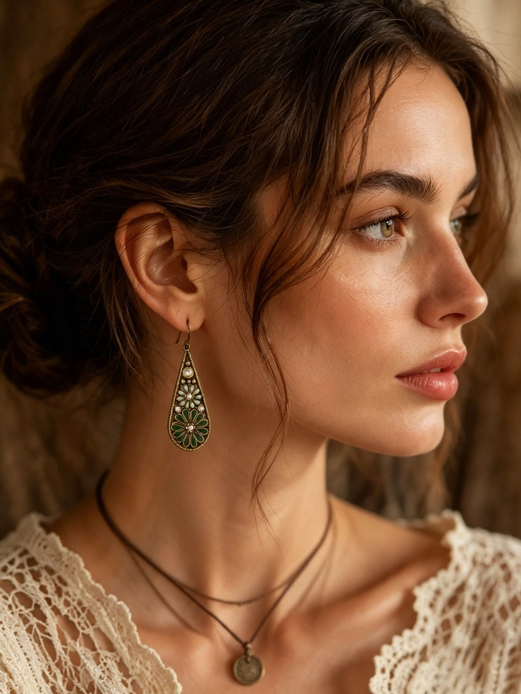 Vintage Bohemian Green Enamel Floral Teardrop Earrings | MIRA
