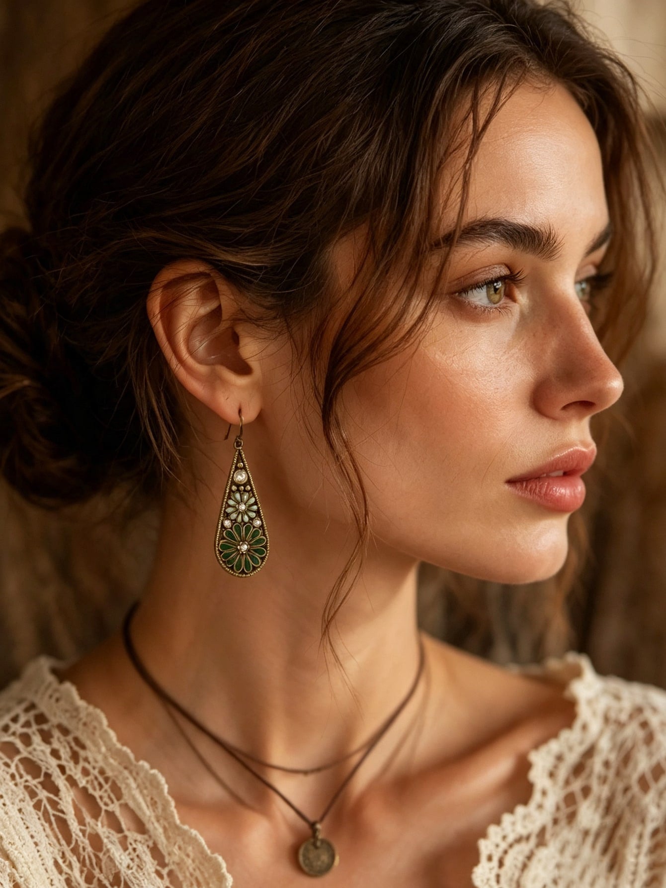 Vintage Bohemian Green Enamel Floral Teardrop Earrings | MIRA