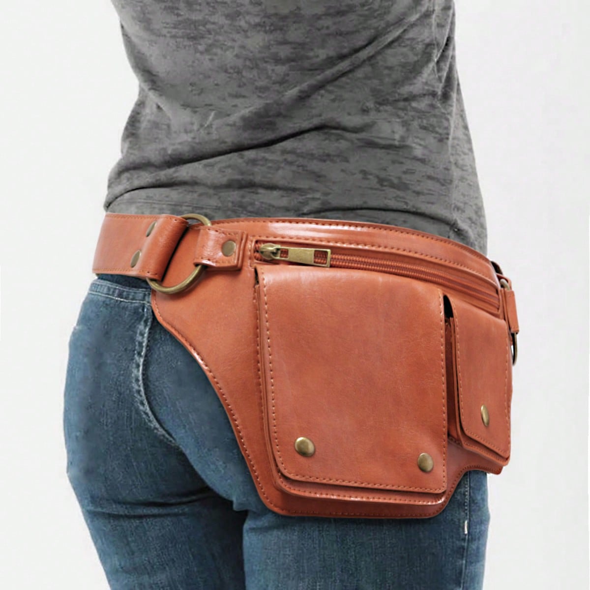 Vintage Leather Fanny Pack with Gold Studs | Women's Waist Bag | MIRA