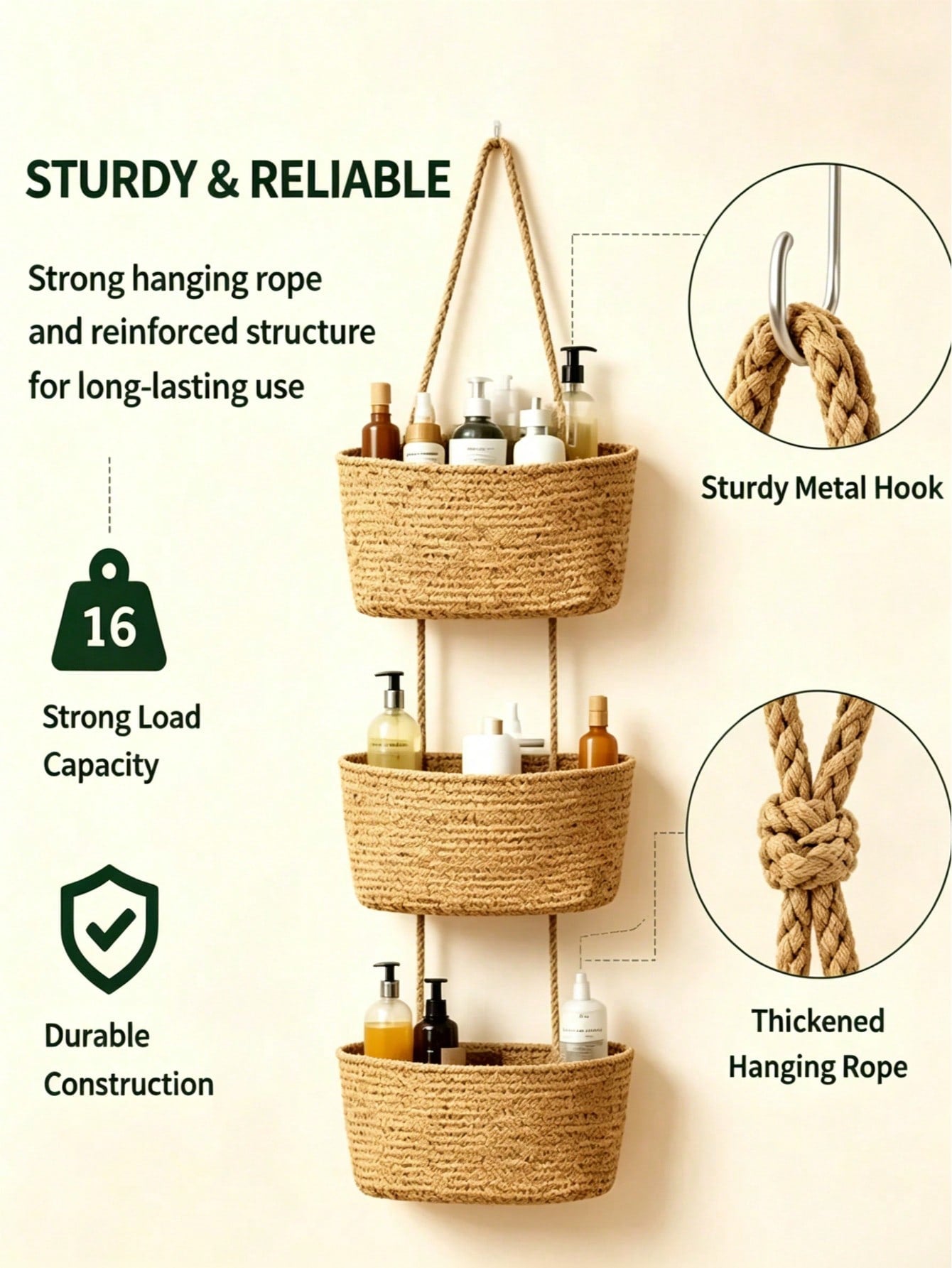 Woven Cotton 3-Tier Over The Door Basket – Jute Wall Storage Organizer | MIRA