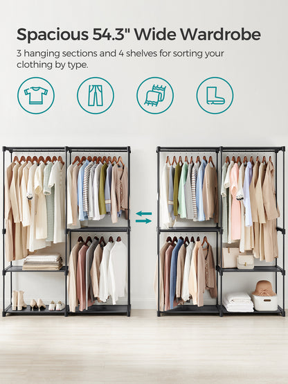 SONGMICS Clothes Rack, Closet Rack For Hanging Clothes, Clothes Wardrobe With 3 Hanging Rods And Shelves, 16.9 X 54.3 X 71.7 Inches, Freestanding Closet Wardrobe Rack