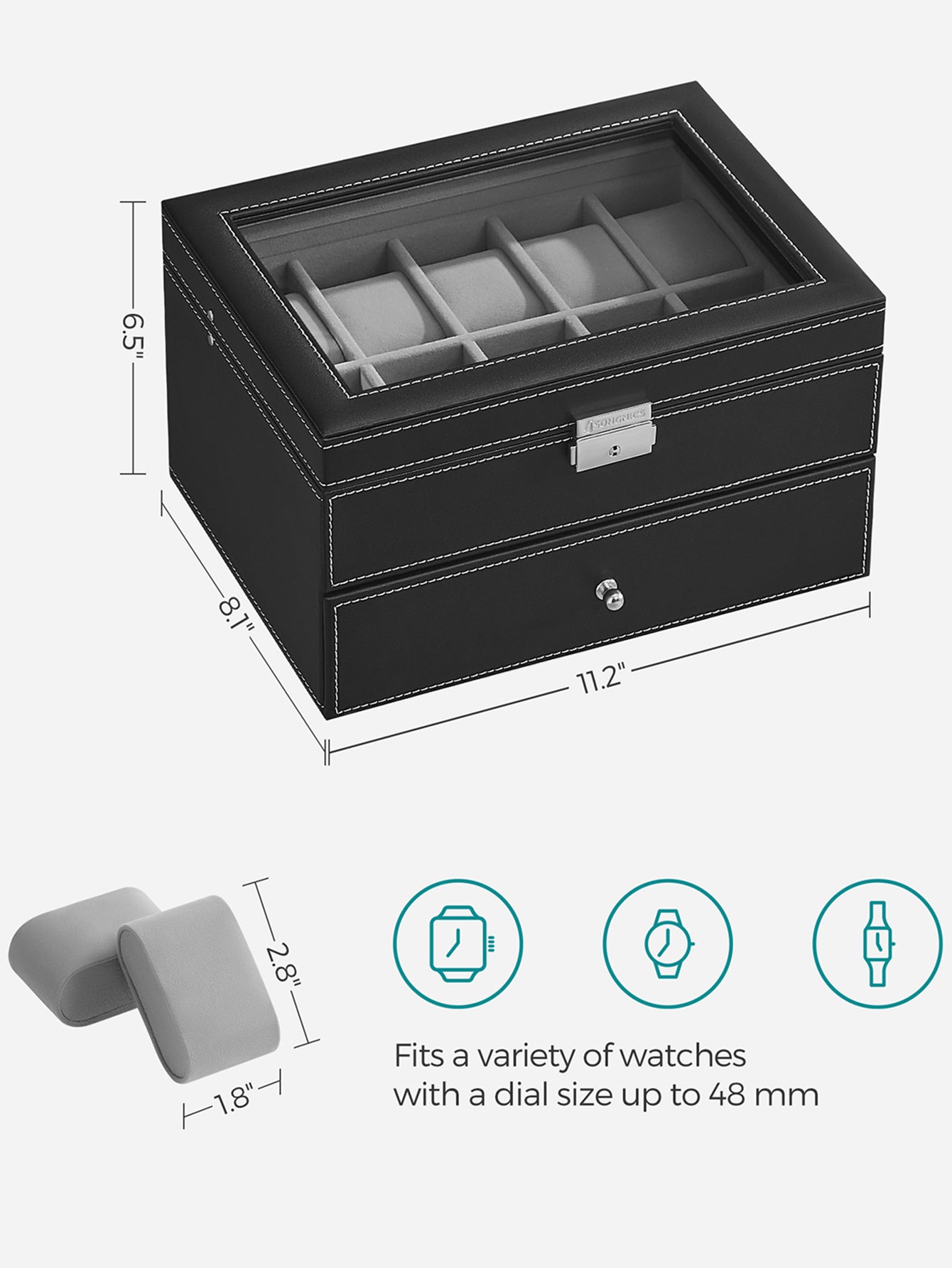 SONGMICS 20-Slot Watch Box, Watch Case With Glass Lid, 2 Layers, Lockable Watch Display Case, Black Synthetic Leather, Gray Lining Valentine Day Back To School Dormitory Storage