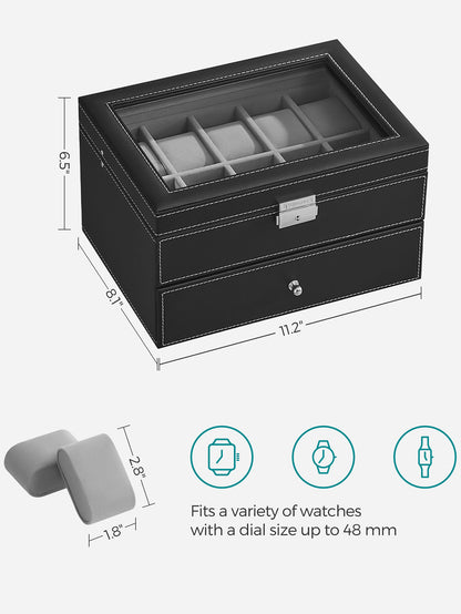 SONGMICS 20-Slot Watch Box, Watch Case With Glass Lid, 2 Layers, Lockable Watch Display Case, Black Synthetic Leather, Gray Lining Valentine Day Back To School Dormitory Storage