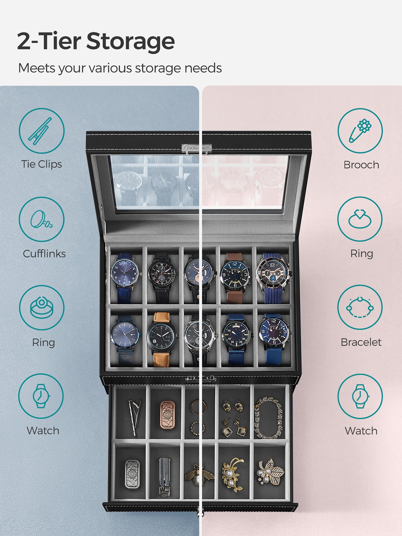 SONGMICS 20-Slot Watch Box, Watch Case With Glass Lid, 2 Layers, Lockable Watch Display Case, Black Synthetic Leather, Gray Lining Valentine Day Back To School Dormitory Storage