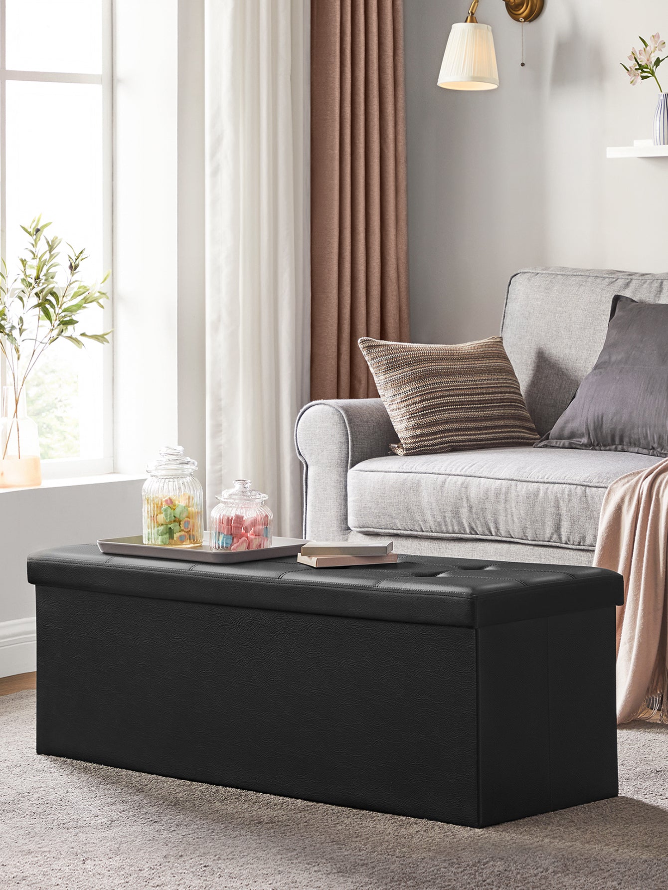 SONGMICS 43 Inches Folding Storage Ottoman Bench Storage Chest Footrest Padded Seat Faux Leather, Holds Up To 660 Lb, Beige, Black, Brown, Light Grey, Coffee Brown, Dark Gray