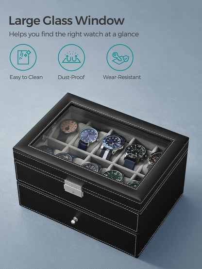 SONGMICS 20-Slot Watch Box, Watch Case With Glass Lid, 2 Layers, Lockable Watch Display Case, Black Synthetic Leather, Gray Lining Valentine Day Back To School Dormitory Storage